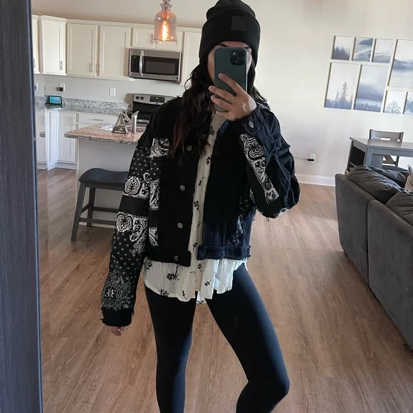 West Side Black Bandana Distressed Denim Jacket - Picture 1 of 14